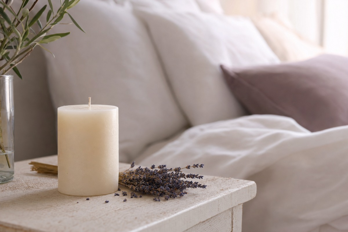 Zarte blumige Kerze mit Lavendel auf dem Nachttisch im Schlafzimmer