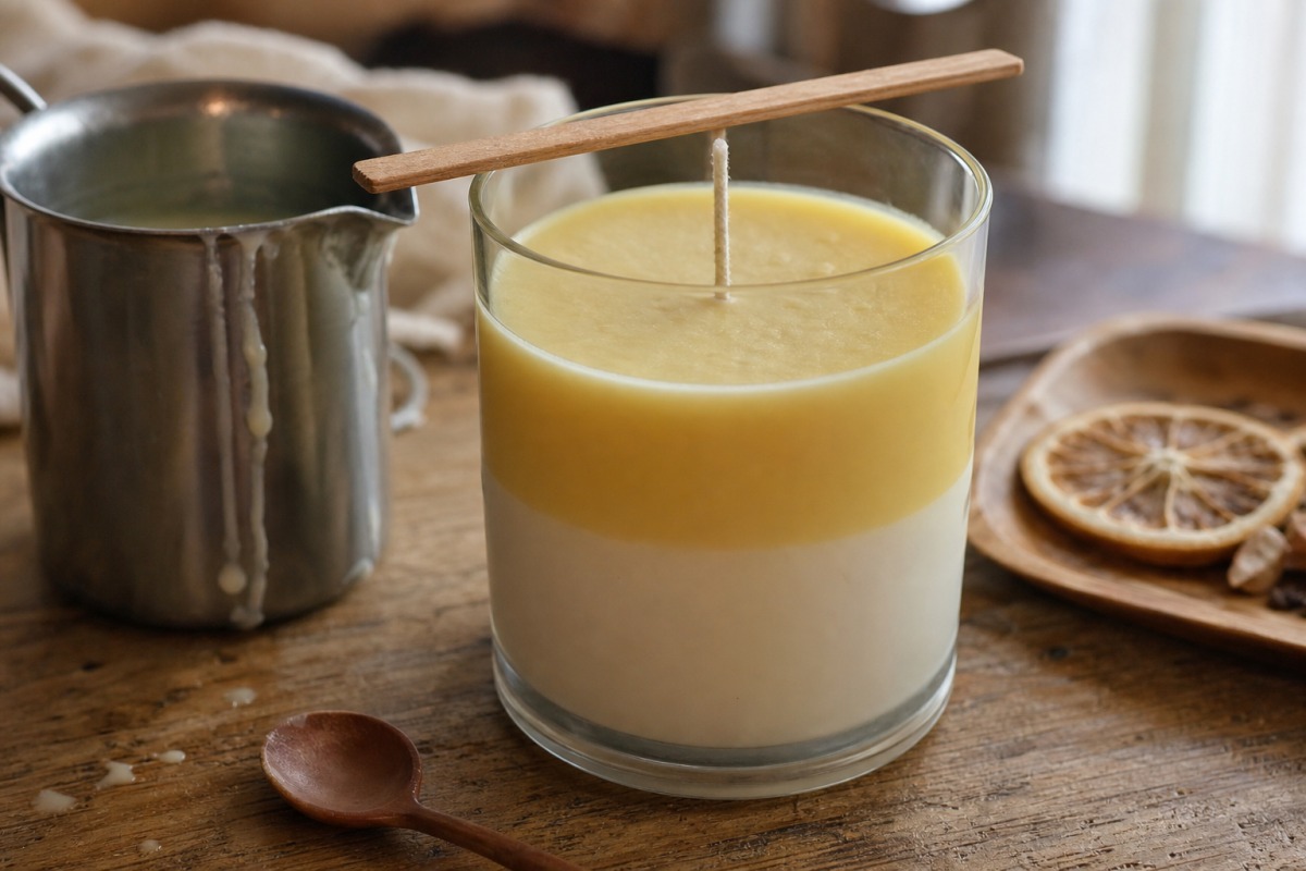 Selbstgemachte zweischichtige Sojakerze im Borosilikatglas mit einem an einem Holzstäbchen fixierten Docht und daneben liegenden getrockneten Zitronenscheiben