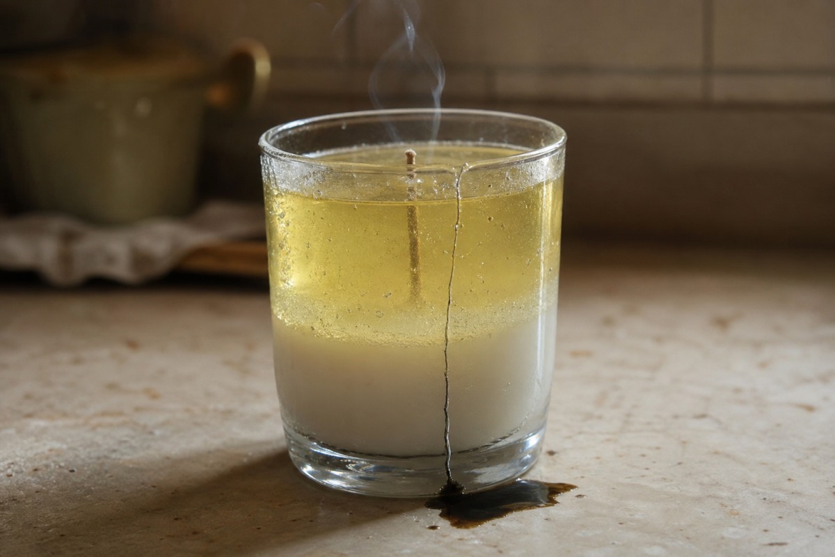 Dünnwandiges Trinkglas mit einer zweischichtigen Gel-Limonadenkerze, mit einem langen Riss vom Boden bis zum Rand und einer Ölpfütze auf der Arbeitsfläche