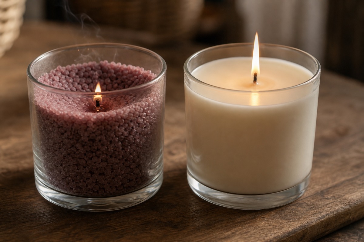 Nebeneinander ein Glas mit Wachsgranulat und schwacher Flamme und eine gegossene Kerze aus pflanzlichem Wachs mit stabiler Flamme und gleichmäßigem geschmolzenem Wachsspiegel.